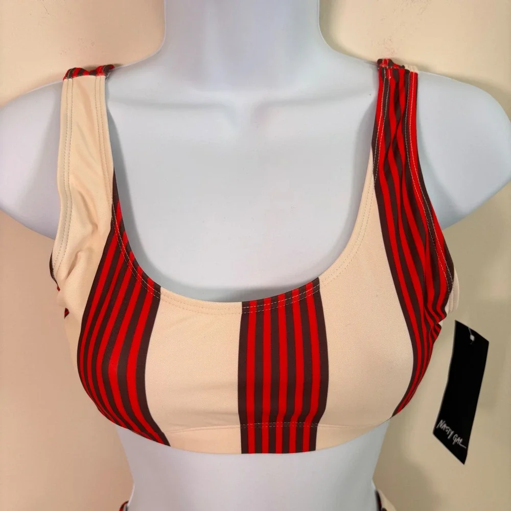 Nasty Gal Swimsuit Bikini The‎ Stripe Time Cream Red Sz 0 High Waist